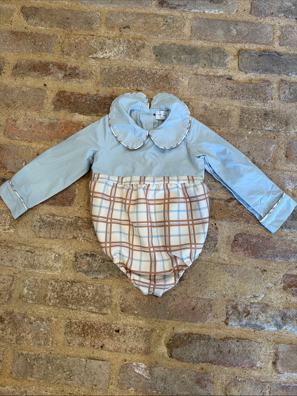 Long-Sleeve Baby Bubble Romper in Light Blue and Brown Plaid